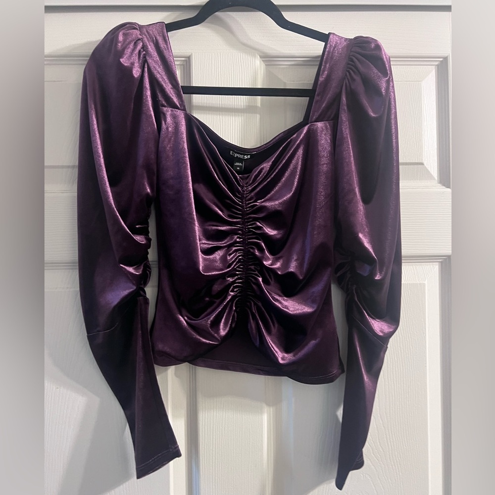 Express Womens Long Puff Sleeve Velour Ruched Crop Top Sz XS Purple